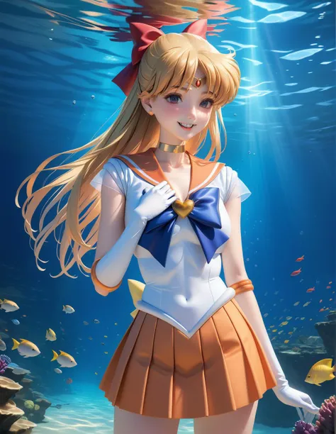 a woman in a sailor suit standing under water with fish