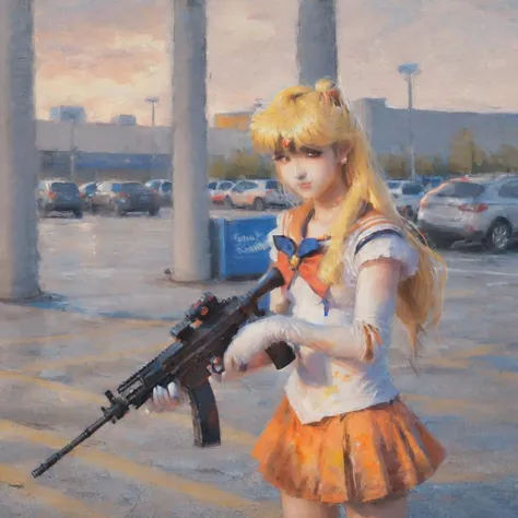 painting of a woman holding a gun in a parking lot