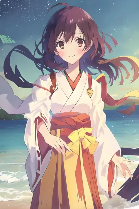 anime girl in kimono outfit standing on beach with umbrella