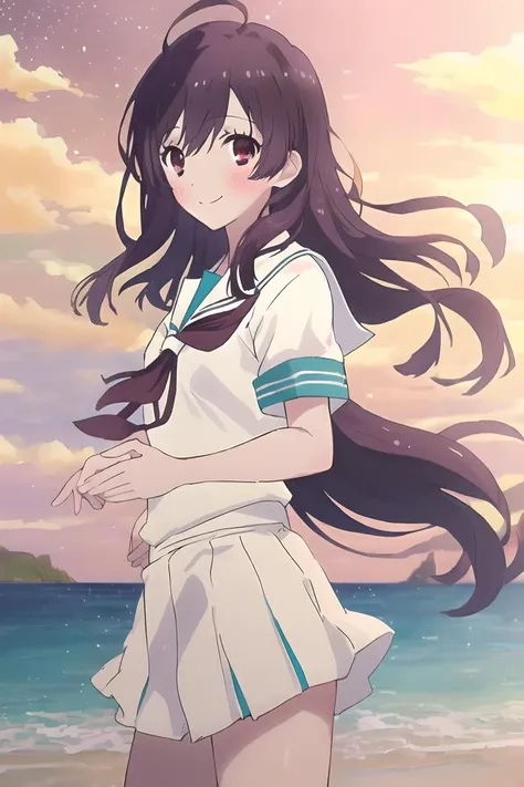 anime girl in sailor outfit standing on beach with ocean in background