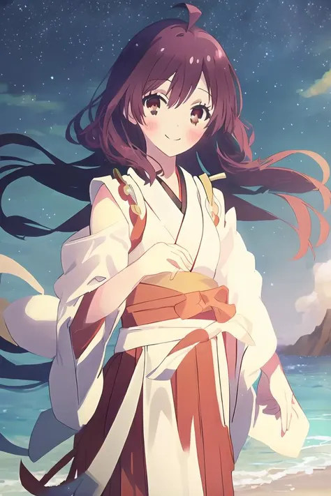 anime girl in kimono outfit standing on beach with ocean in background