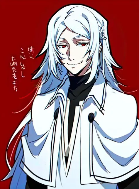 anime character with white hair and red eyes and a black tie