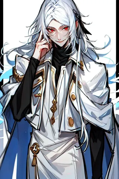 <lora:Shibusawa_Tatsuhiko:0.8>, 1boy, bishounen, long hair, male focus, red eyes, smile, solo, white hair,