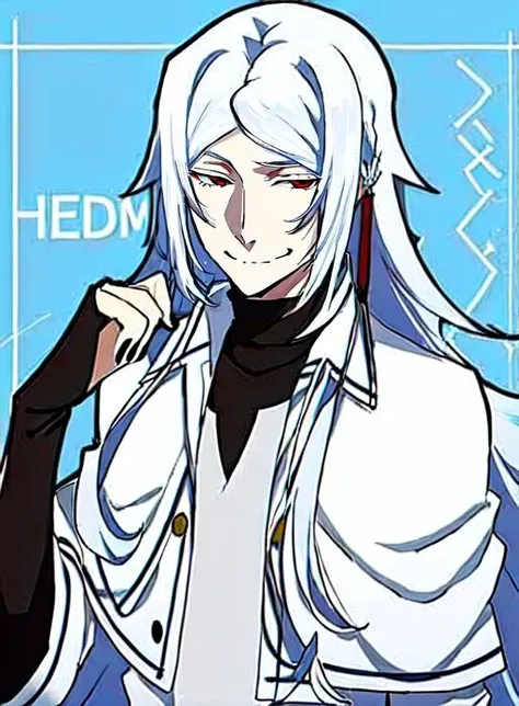 anime character with white hair and blue eyes and a black and white outfit