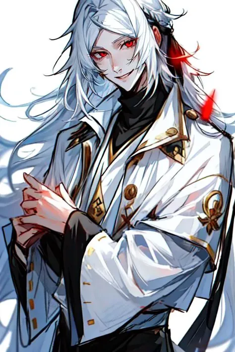 <lora:Shibusawa_Tatsuhiko:0.8>, 1boy, bishounen, long hair, male focus, red eyes, smile, solo, white hair,