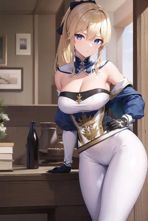 jeangunnhildr, <lora:jeangunnhildr-lora-nochekaiser:1>,
jean, blonde hair, blue eyes, hair between eyes, medium hair, ponytail,
BREAK black gloves, blue capelet, capelet, cleavage, corset, detached sleeves, gloves, pants, strapless, (white pants:1.5),
BREA...