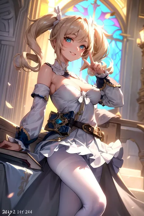 (day:1.2),outdoors,church,(very detailed background),
dynamic pose,  dynamic angle,
 barbara (genshin impact), blonde hair, blue eyes, twintails, hair bow, twin drills,
((white dress,frilled skirt,detached sleeves,,white pantyhose,book,belt)),
1girl, solo,...