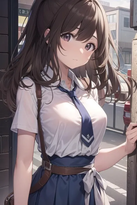 koganetsukioka, <lyco:koganetsukioka-lyco-nochekaiser:1>, 
kogane tsukioka, (brown eyes:1.5), brown hair, hair tie, ponytail,
BREAK bare legs, blue skirt, collarbone, collared shirt, miniskirt, shirt, short sleeves, skirt, tented shirt, tied shirt, tight c...