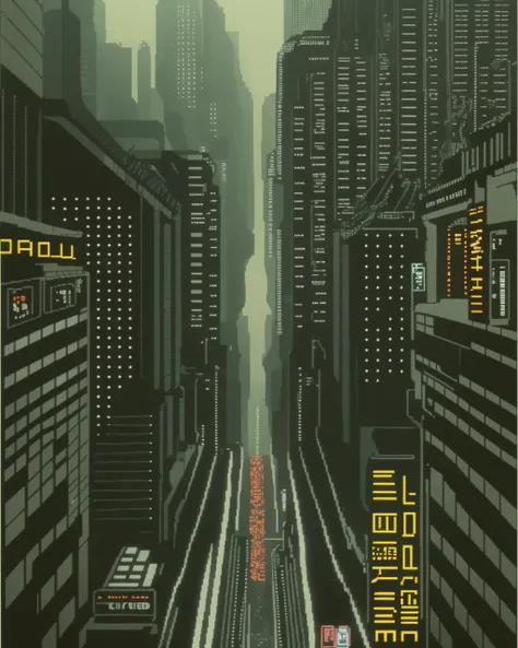 perspective view, city street of blade runner , pixel art