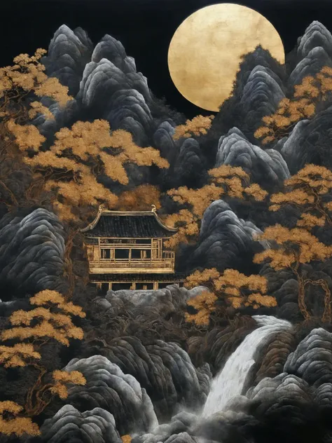 Lacquer painting landscapes,Heavy, textured, lacquered. Arts  and  Crafts, Extreme Detail, Texture, Best Quality, Masterpieces, Award-Winning Works, Official Art.Cliff waterfall, tall pine tree, crescent moon, dark background.