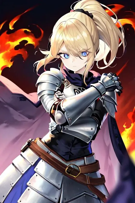 a woman in armor with a sword and a fire in the background