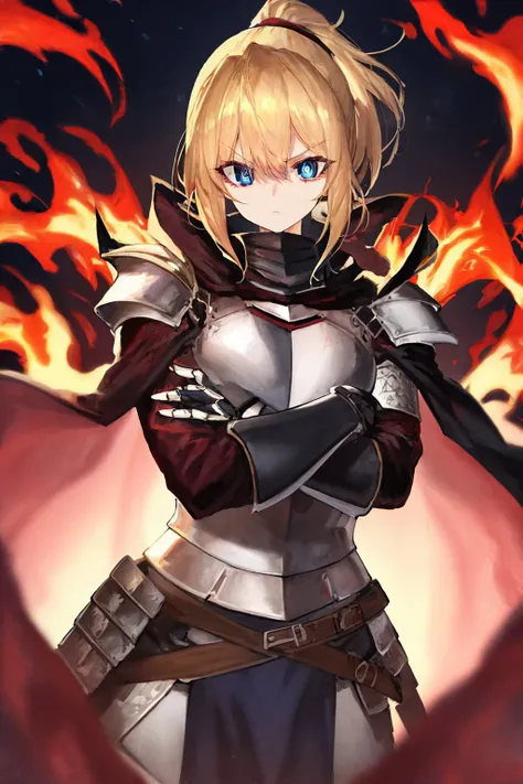 a woman in armor with a sword and fire in the background