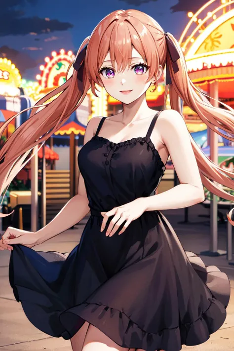 masterpiece, best quality, highres, aaerika, long hair, twintails, hair ribbon, <lora:amano_erika_v1:0.7>, dress, smile, amusement park,