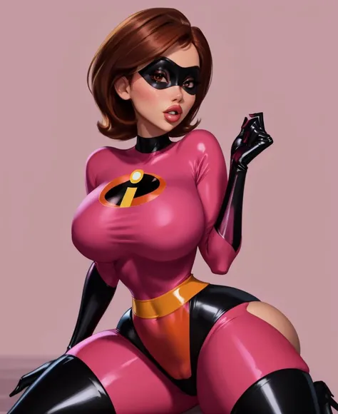 sexy woman, bimbo, helenparr, pink_background, sexy pink outfit, gold, sexy cute outfit, cameltoe, massive breasts, big lips, parted lips, brown hair, brown eyes
domino mask, bodysuit, black elbow gloves, thigh highs, thigh boots, <lora:b1mb0_v3:0.2>,   <l...