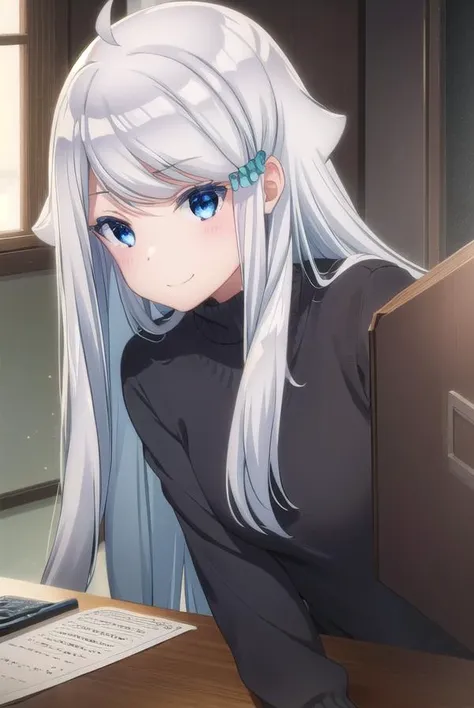 nayutakani, <lora:nayuta kani s1-lora-nochekaiser:1>,
nayuta kani, long hair, blue eyes, white hair, hair ornament, ahoge, scrunchie, hair scrunchie, blue scrunchie, smile, blush, smug,
BREAK sweater, long sleeves, ribbon, 
BREAK indoors,
BREAK looking at ...