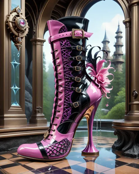 concept art <lora:LatexID_-_Ai_Heels:1> boots, a high heeled shoe with glitter on it, on a checkered floor, steampunk concept art, dripping with water, a high heeled shoe with a shiny gold and black design, a high heel shoe with a pink color, a pair of pin...