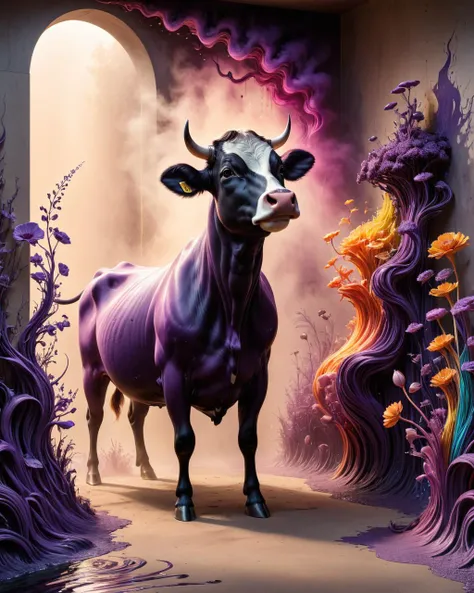 purple cow standing in a room with a purple background