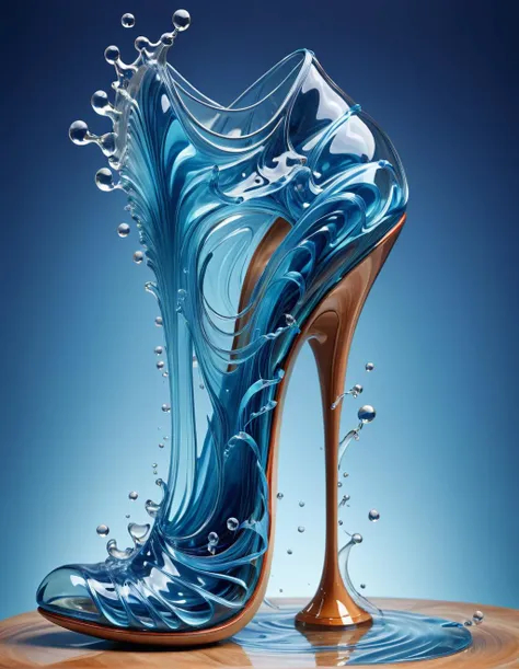 concept art (Ultrarealistic:1.3) <lora:LatexID_-_Ai_Heels:1> a high heel shoe with water splashed on it, liquid sculpture, shinny deep blue high heels, surreal water art, 3 d fluid simulation render, water art manipulation, stylish shoe design, blue shoes,...