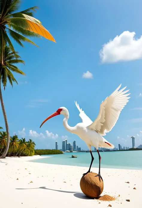 an ibis trying to pierce the enveloppe of a coco nut on a desert island, the state of singapour in the background