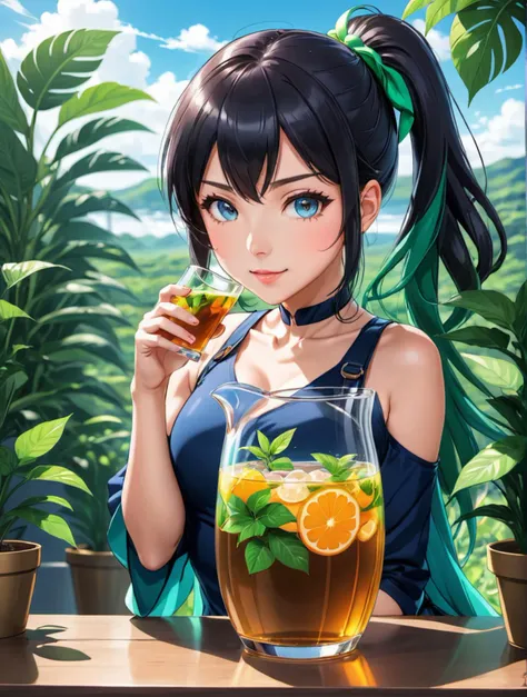 comic   <lora:bluePencilXL_v021.FFai.lora:1>   (High quality Professional Photo:2) (Ultrarealistic:2),a glass pitcher with a plant inside of it, anime girl drinks energy drink, sprite art, anime visual of a cute girl, made with anime painter studio, splash...