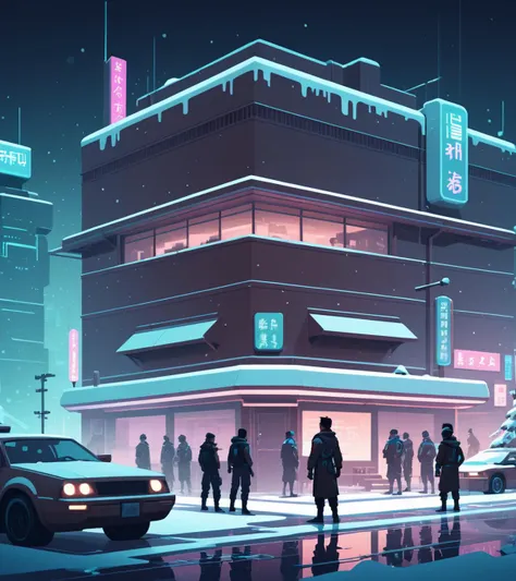 concept art <lora:FF-Style-James_Gilleard:1> in the style of James Gilleard, illustration of a highly detailed, illustration, Aggressive, cyberpunk style, neo-tokyo, Brown neon highlights Snowy, shallow depth of field, Frightening, Moonlight, james gillear...