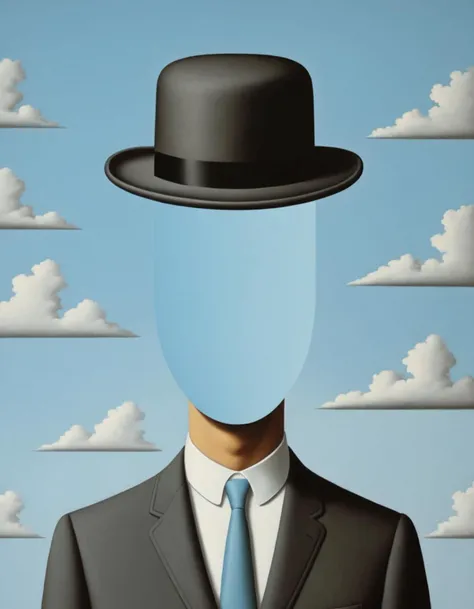 Cubist artwork <lora:FF_Style_Rene-Magritte:1> in the style of rene magritte,rene magritte style,rene magritte art,rene magrittea man in a hat, in style of rene magritte, inspired by Ren Magritte, inspired by Rene Magritte, rene magritte hyperdetailed, ren...