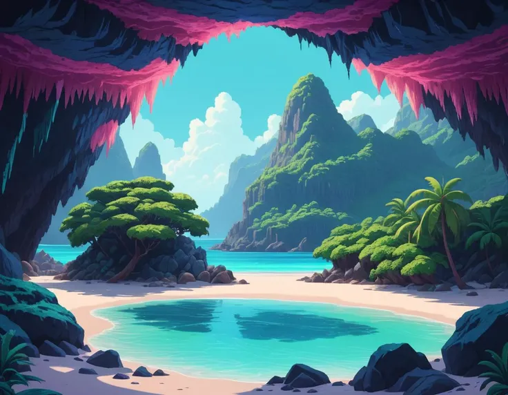 Psychedelic style (Simple illustration:1.3) <lora:FFai.0063.Xlyamersrealistic_V3.lora:1> a close up of a pixel art style scene of a cave, beautiful detailed pixel art, ultra detailed game art, dark gloomy cave background, dan mumford. maya render, magical ...