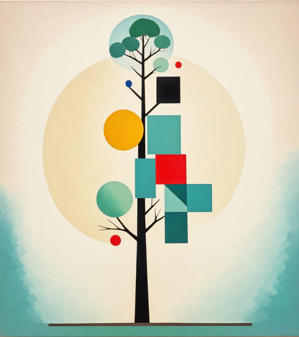 Papercut collage of <lora:FF-Style-Kazimir-Malevich-v2.LoRA:1> in the style of kazimir malevich,kazimir malevich style,kazimir malevich art,kazimir malevich,a painting of a tree with colorful blocks, abstract geometric art, abstract artwork, geometric abst...