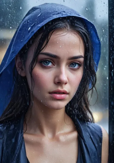 a close up of a woman with a blue hat on a rainy day