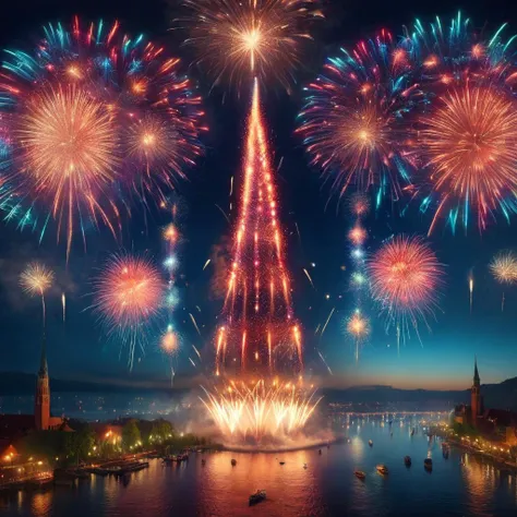 (masterpiece), frwks<lora:frwks:1>,tower made out of fireworks, above water