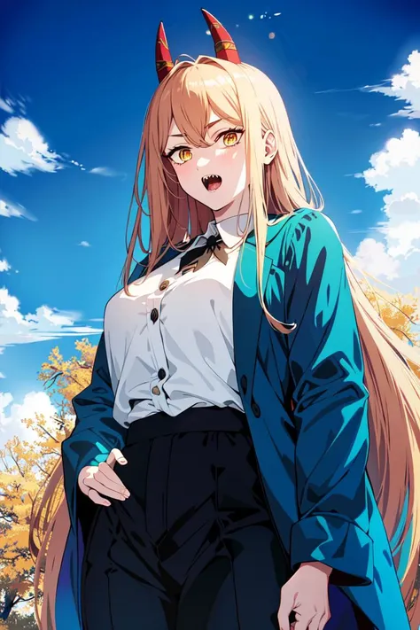 masterpiece, (ultra detailed background, delicate pattern, intricate detail), (highly detailed, fine details), best quality, beautiful lighting, csm anime style, PowerV2, 1girl, solo, long hair, blonde hair, red horns, cross-shaped pupils, (symbol-shaped p...