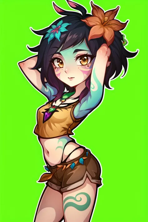 die-cut sticker,  front view:1.2, sticker, neeko, facial marks, hair ornaments, hair flower, necklace, brown shorts, crop top, posing, hands behind head, (simple background, solid outline),  <lora:neekoLeagueOfLegends_v1:0.7>, <lora:easy_sticker:1>, ((mast...