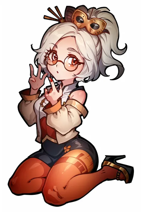 die-cut sticker, sticker, purah, red glasses, hair ornament, white jacket, sleeveless shirt, black skirt, orange leggings, high heels, (simple background, solid outline),  <lora:purah-nvwls-v2-final:0.6>, <lora:easy_sticker:1>,, ((masterpiece)), (best qual...