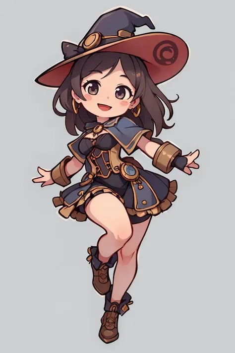 chibi,shy curvy short little dancing witch, (smiling:1.1) face, (full body shot:1.3), die-cut sticker, (simple background:1.2), solid outline, <lora:easy_sticker:0.8>, low camera angle, from below, steampunk world, detailed accessories