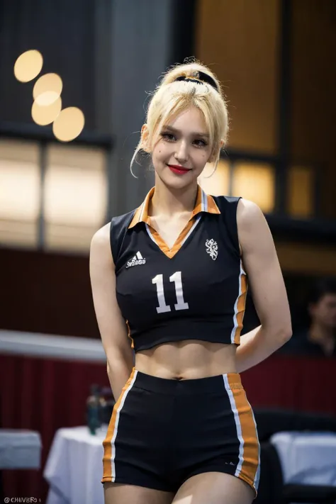 1girl, volleyball uniform, smile, holding volleyball,  narrow waist, thighs, wide hips,eyeliner, eyelashes, perfect face, detailed eyes, facial lighting, bokeh, indoor stadium, audience,sleeveless, crop top, ((abs)), Looking at viewer(masterpiece, high qua...