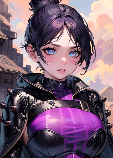 1girl, solo, wraith, masterpiece, highly detailed, blue eyes, detailed eyes, expressive detailed eyes, wide eyed, detailed pupils, black hair, short hair, single hair bun, jacket, short cape, futuristic light body armor, skintight leggings <lora:WraithV2:1...