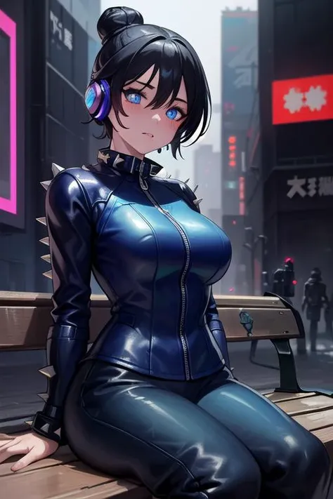 ((masterpiece:1.4)), ((best quality:1.4)), 1girl, (((blue eyes))), ((black_hair)), ((short hair, single hair bun)) ((medium_size_breasts)), (((facial expression:Happy:0.75))), arms behind back, nature, ((Sitting on bench in Cyber Punk Tokyo:1.4)), ((Lookin...