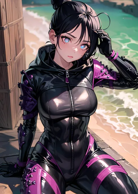 1girl, solo, wraith, masterpiece, highly detailed, (sitting on a ledge:1.2), blue eyes, detailed eyes, expressive detailed eyes, wide eyed, detailed pupils, black hair, short hair, single hair bun, jacket, short cape, futuristic light body armor, skintight...