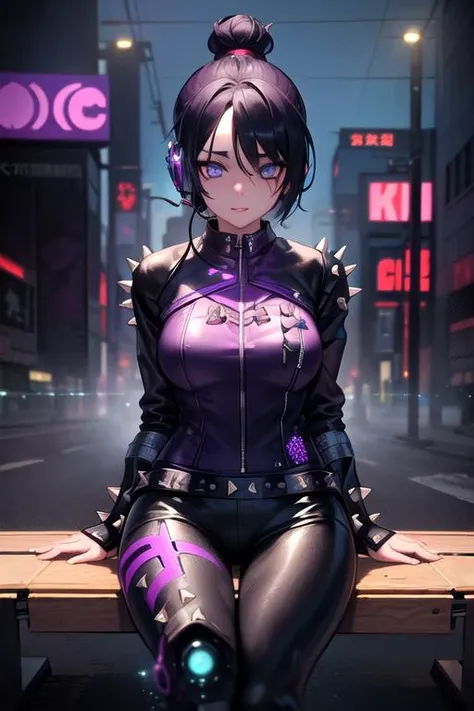 ((masterpiece:1.4)), ((best quality:1.4)), 1girl, (((blue eyes))), ((black_hair)), ((short hair, single hair bun)) ((medium_size_breasts)), (((facial expression:Happy:0.75))), arms behind back, nature, ((Sitting on bench in Cyber Punk Tokyo:1.4)), ((Lookin...