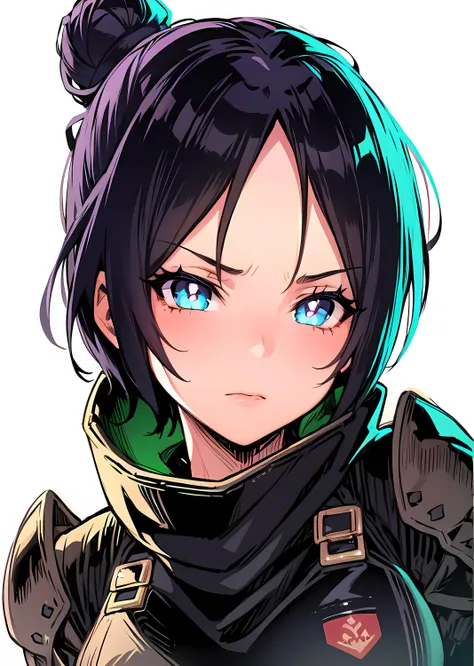 1girls, solo, wraith, masterpiece, highly detailed, blue eyes, detailed eyes, expressive detailed eyes, wide eyed, detailed pupils, black hair, short hair, bun hair, bun, jacket, short cape, futuristic light body armor, skintight leggings, plain background...