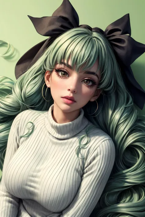 (ultra realistic,32k, masterpiece:1.1),(high detailed skin:1.1), 8k uhd, dslr, high quality,(makeup, mascara:1.1), (thicklips),
 <lora:anchovy:0.7>aaanchovy,light green color long hair,twin drills,bangs,hair ribbon,<lora:Sweater Dress By Stable Yogi:0.5>sw...