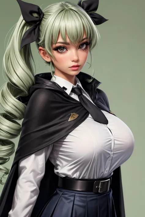 (ultra realistic,32k, masterpiece:1.1),(high detailed skin:1.1), 8k uhd, dslr, high quality,(makeup, mascara:1.1), (thicklips),
 <lora:anchovy:0.7>aaanchovy,light green color long hair,twin drills,bangs,hair ribbon,anzio school uniform,long sleeves,black c...