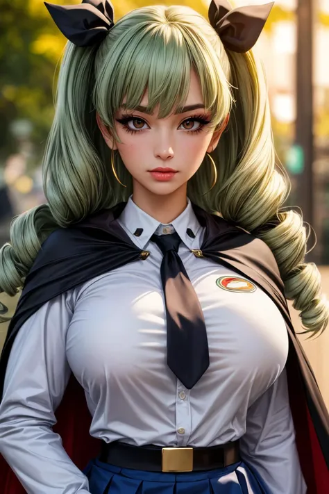 (ultra realistic,32k, masterpiece:1.1),(high detailed skin:1.1), 8k uhd, dslr, high quality,(makeup, mascara:1.1), (thicklips),
 <lora:anchovy:0.7>aaanchovy,light green color long hair,twin drills,bangs,hair ribbon,anzio school uniform,long sleeves,black c...