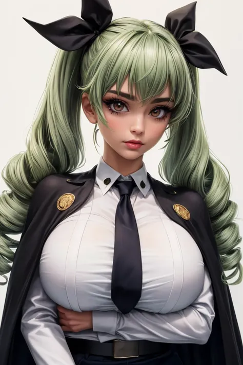 (ultra realistic,32k, masterpiece:1.1),(high detailed skin:1.1), 8k uhd, dslr, high quality,(makeup, mascara:1.1), (thicklips),
 <lora:anchovy:0.7>aaanchovy,light green color long hair,twin drills,bangs,hair ribbon,anzio school uniform,long sleeves,black c...