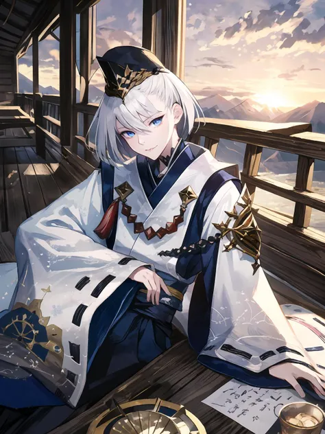 masterpiece,best quality,highres,cinematic lighting,dramatic angle,1boy,<lora:ShadowverseKuonV1-000025:0.8:lbw=jiangshi3>,white hair,short hair,blue eyes,tate eboshi,blue headwear,white dress,clothing cutout,ribbon,tassel,looking at viewer,evil smile,shade...