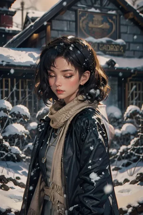 Woman standing on the street in heavy snow, (background roman Cathedral:1.4), Golden Hour, (masterpiece), (detailed), (intricate details), (realistic), (snowfall:1.4), 1girl, solo, upper body, closed eyes, (black hair, short hair, curly hair, messy hair, b...