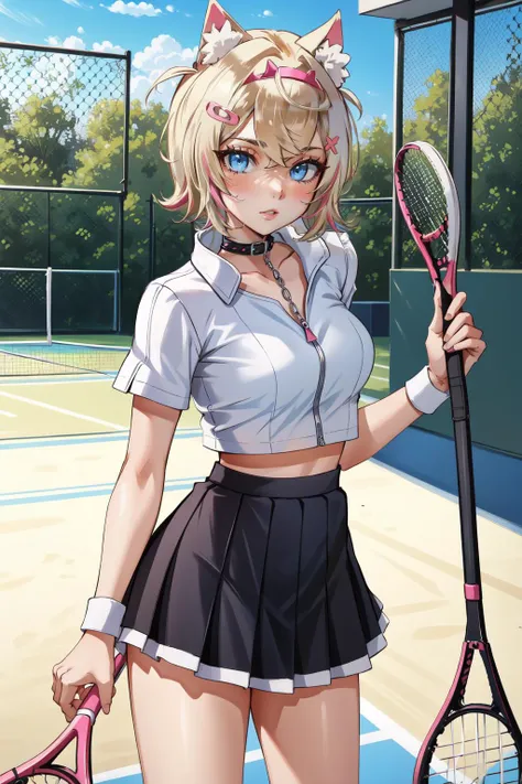 (masterpiece, best quality),  intricate details,
1girl,      <lora:Mococo_Abyssgard-10:0.8> mococo_abyssgard,  dog ears, choker, blue eyes, tennis court, tennis outfit, skirt,