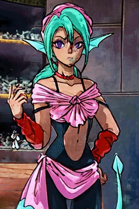 anime girl with green hair and pink dress holding a knife