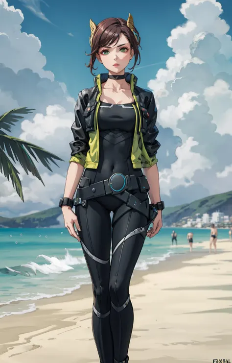 a woman in a black and green outfit standing on a beach