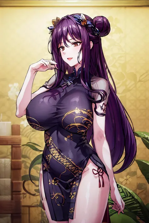 a cartoon image of a woman in a black dress with long purple hair